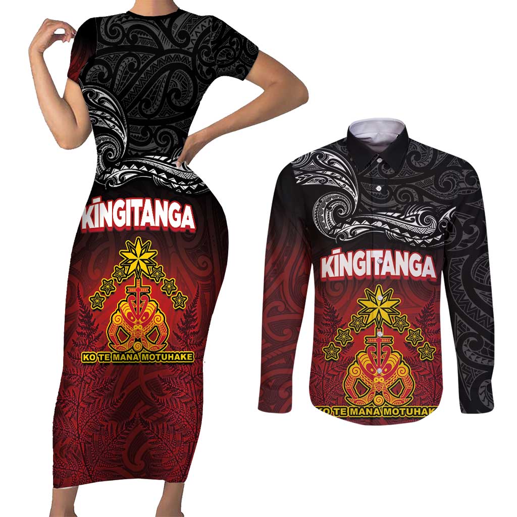 Personalised Maori King Movement Couples Matching Short Sleeve Bodycon Dress and Long Sleeve Button Shirt Ko Te Mana Motuhake Emblem with Silver Ferns and Polynesian Art Tattoo LT03 Red - Polynesian Pride