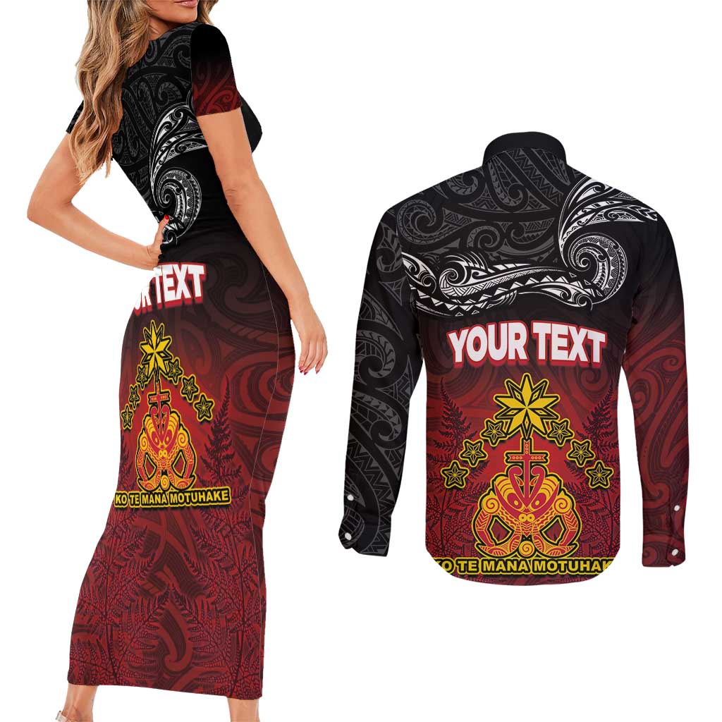 Personalised Maori King Movement Couples Matching Short Sleeve Bodycon Dress and Long Sleeve Button Shirt Ko Te Mana Motuhake Emblem with Silver Ferns and Polynesian Art Tattoo LT03 - Polynesian Pride