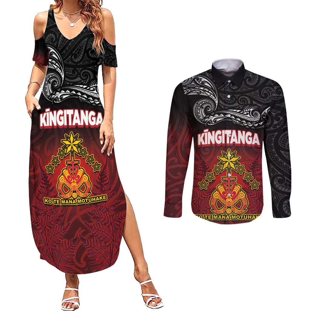 Personalised Maori King Movement Couples Matching Summer Maxi Dress and Long Sleeve Button Shirt Ko Te Mana Motuhake Emblem with Silver Ferns and Polynesian Art Tattoo LT03 Red - Polynesian Pride