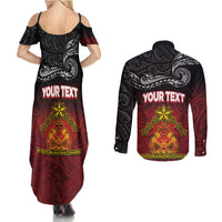 Personalised Maori King Movement Couples Matching Summer Maxi Dress and Long Sleeve Button Shirt Ko Te Mana Motuhake Emblem with Silver Ferns and Polynesian Art Tattoo LT03 - Polynesian Pride