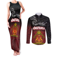 Personalised Maori King Movement Couples Matching Tank Maxi Dress and Long Sleeve Button Shirt Ko Te Mana Motuhake Emblem with Silver Ferns and Polynesian Art Tattoo LT03 Red - Polynesian Pride