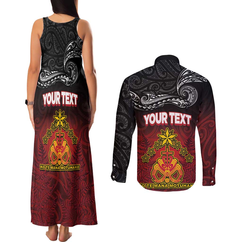 Personalised Maori King Movement Couples Matching Tank Maxi Dress and Long Sleeve Button Shirt Ko Te Mana Motuhake Emblem with Silver Ferns and Polynesian Art Tattoo LT03 - Polynesian Pride