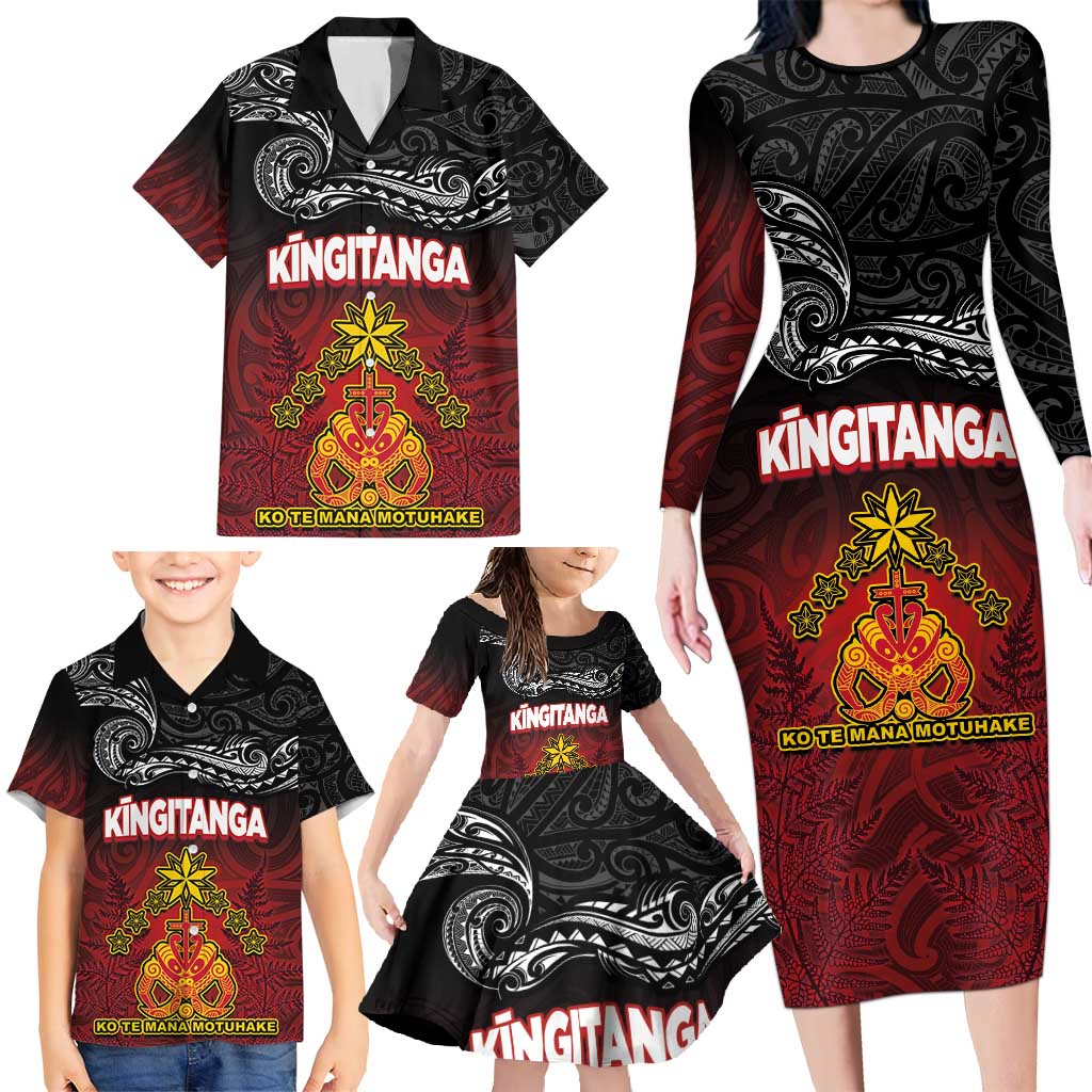 Personalised Maori King Movement Family Matching Long Sleeve Bodycon Dress and Hawaiian Shirt Ko Te Mana Motuhake Emblem with Silver Ferns and Polynesian Art Tattoo LT03 - Polynesian Pride