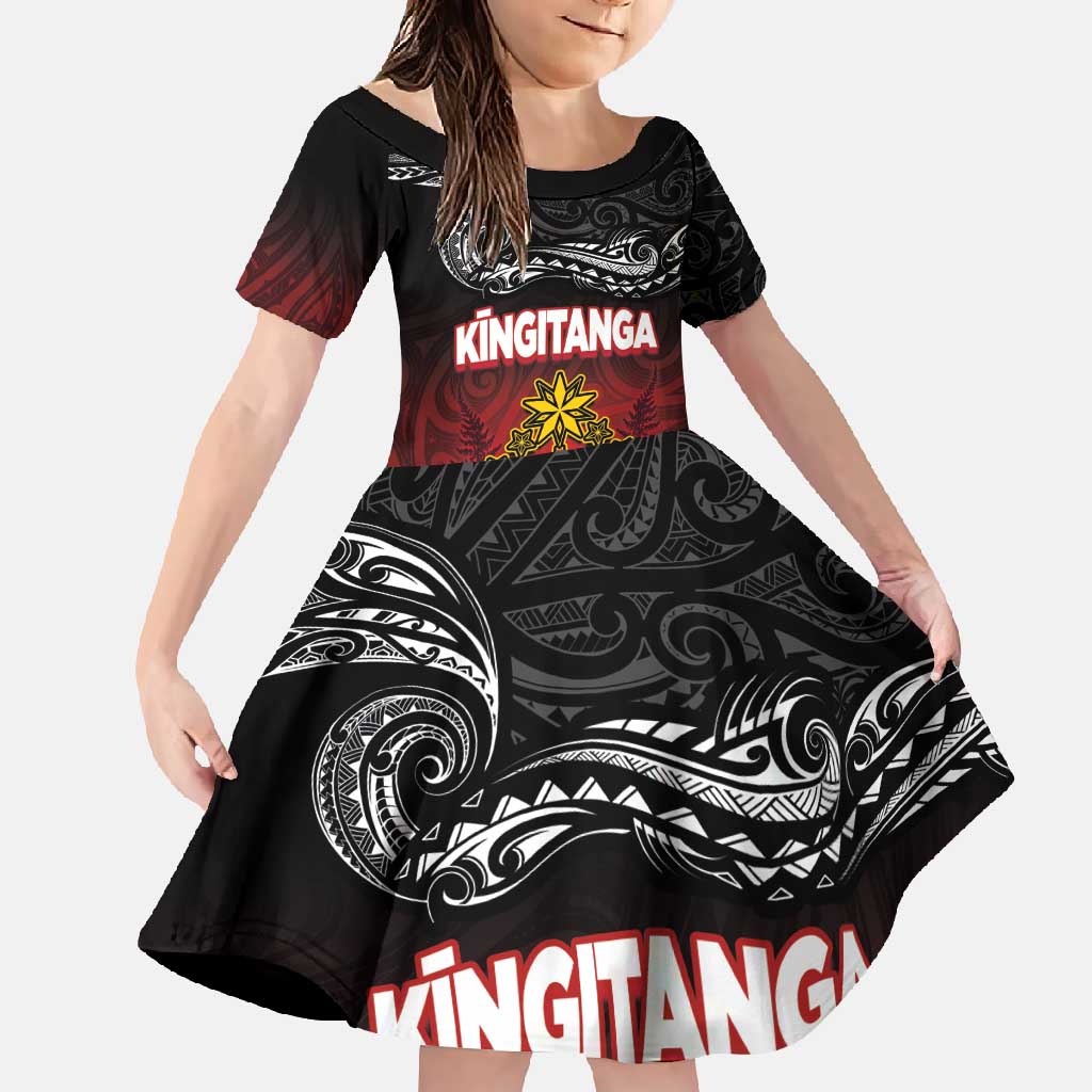 Personalised Maori King Movement Family Matching Mermaid Dress and Hawaiian Shirt Ko Te Mana Motuhake Emblem with Silver Ferns and Polynesian Art Tattoo LT03 Daughter's Dress Red - Polynesian Pride