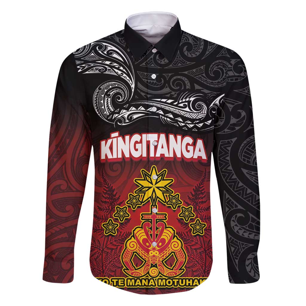 Personalised Maori King Movement Family Matching Mermaid Dress and Hawaiian Shirt Ko Te Mana Motuhake Emblem with Silver Ferns and Polynesian Art Tattoo LT03 Dad's Shirt - Long Sleeve Red - Polynesian Pride