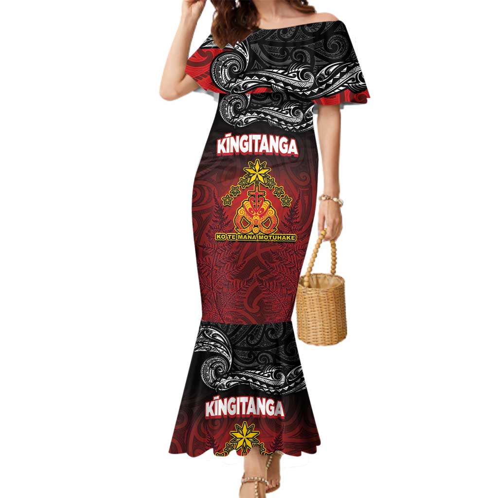 Personalised Maori King Movement Family Matching Mermaid Dress and Hawaiian Shirt Ko Te Mana Motuhake Emblem with Silver Ferns and Polynesian Art Tattoo LT03 Mom's Dress Red - Polynesian Pride