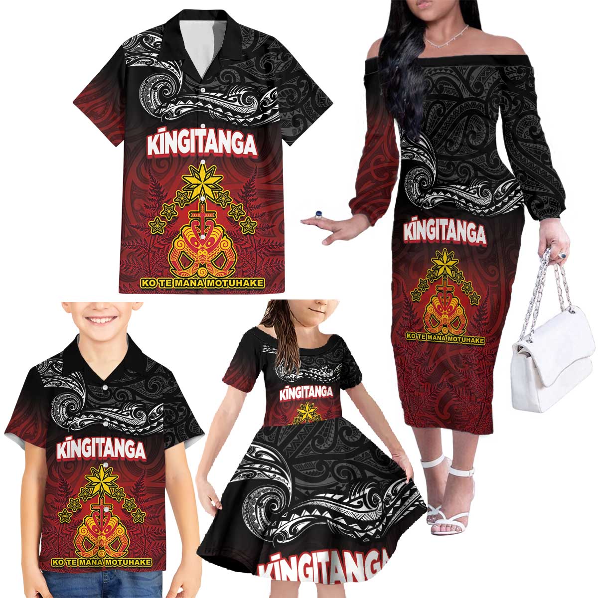 Personalised Maori King Movement Family Matching Off The Shoulder Long Sleeve Dress and Hawaiian Shirt Ko Te Mana Motuhake Emblem with Silver Ferns and Polynesian Art Tattoo LT03 - Polynesian Pride