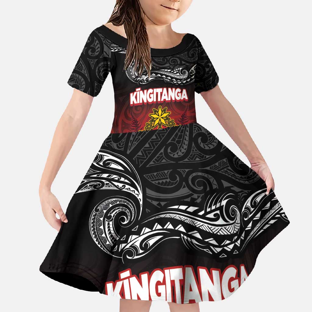 Personalised Maori King Movement Family Matching Off Shoulder Maxi Dress and Hawaiian Shirt Ko Te Mana Motuhake Emblem with Silver Ferns and Polynesian Art Tattoo LT03 Daughter's Dress Red - Polynesian Pride