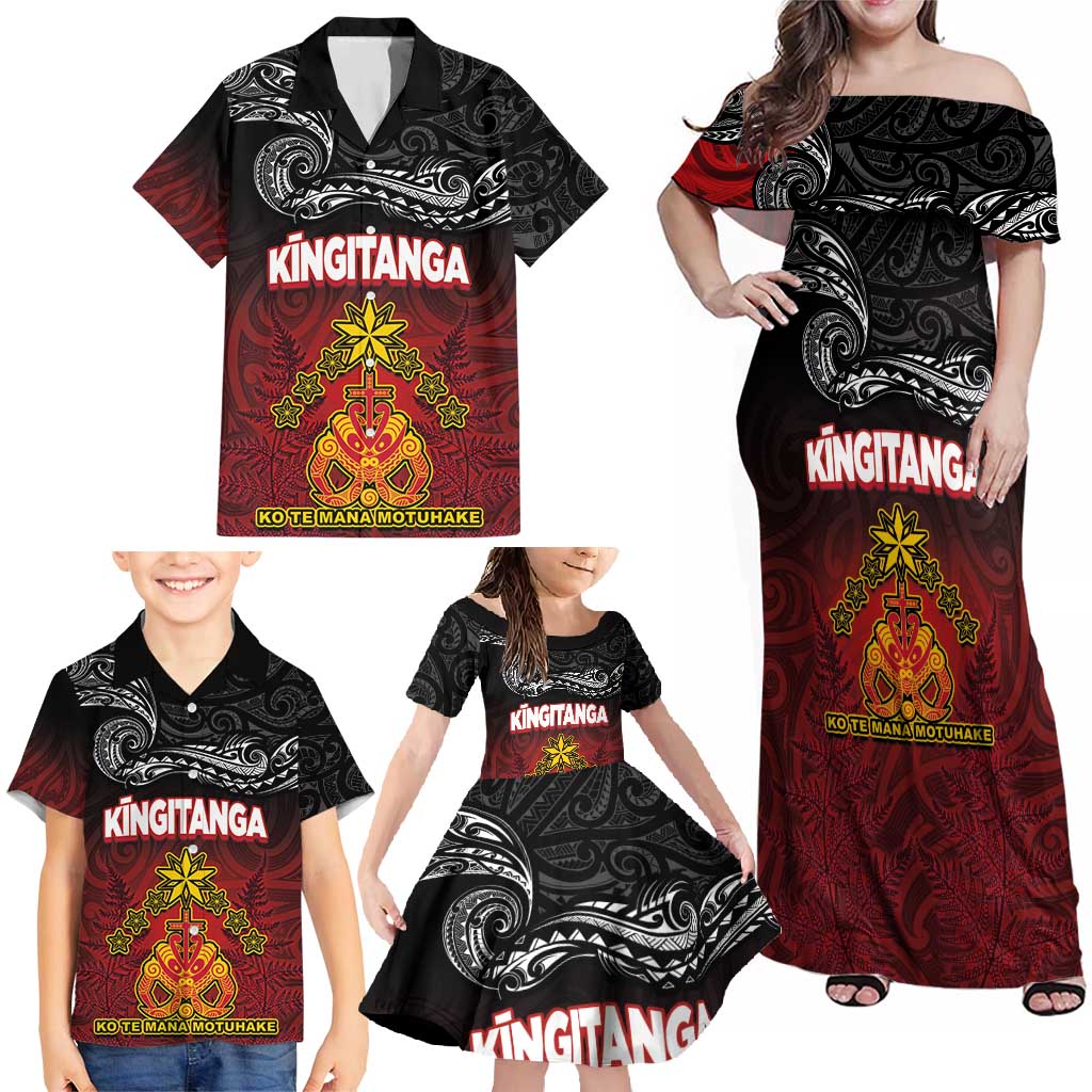 Personalised Maori King Movement Family Matching Off Shoulder Maxi Dress and Hawaiian Shirt Ko Te Mana Motuhake Emblem with Silver Ferns and Polynesian Art Tattoo LT03 - Polynesian Pride