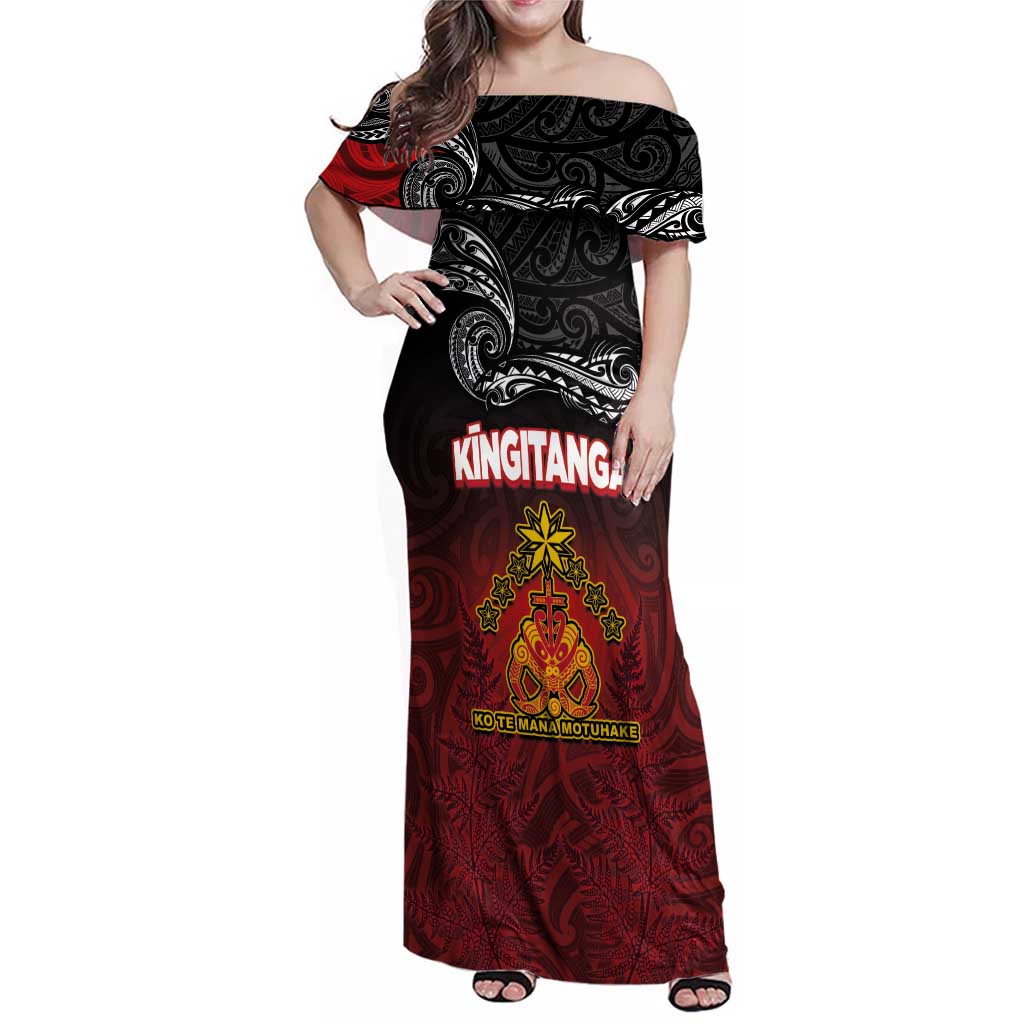 Personalised Maori King Movement Family Matching Off Shoulder Maxi Dress and Hawaiian Shirt Ko Te Mana Motuhake Emblem with Silver Ferns and Polynesian Art Tattoo LT03 Mom's Dress Red - Polynesian Pride