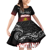 Personalised Maori King Movement Family Matching Off Shoulder Short Dress and Hawaiian Shirt Ko Te Mana Motuhake Emblem with Silver Ferns and Polynesian Art Tattoo LT03 Daughter's Dress Red - Polynesian Pride