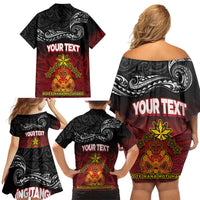 Personalised Maori King Movement Family Matching Off Shoulder Short Dress and Hawaiian Shirt Ko Te Mana Motuhake Emblem with Silver Ferns and Polynesian Art Tattoo LT03 - Polynesian Pride