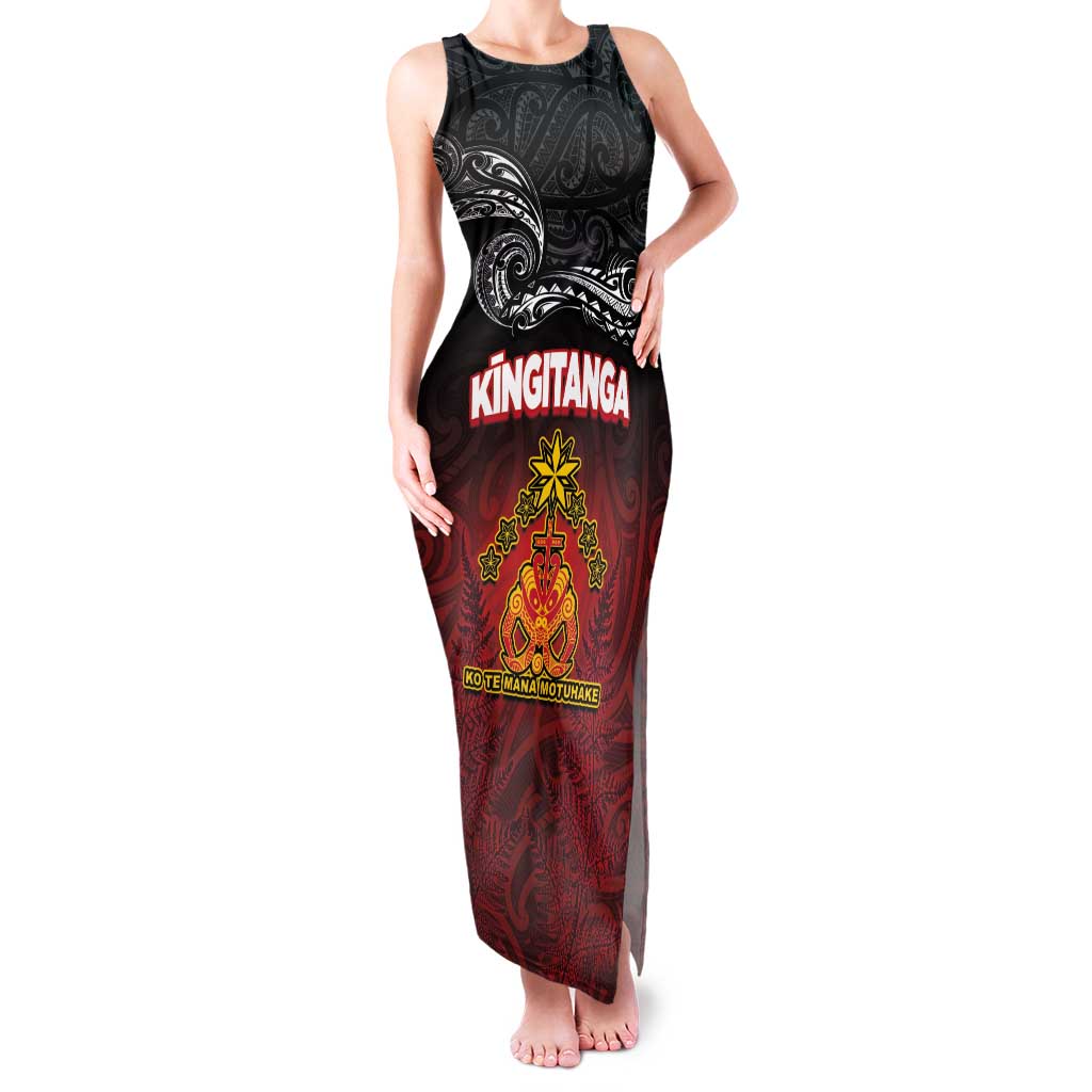 Personalised Maori King Movement Family Matching Tank Maxi Dress and Hawaiian Shirt Ko Te Mana Motuhake Emblem with Silver Ferns and Polynesian Art Tattoo LT03 Mom's Dress Red - Polynesian Pride