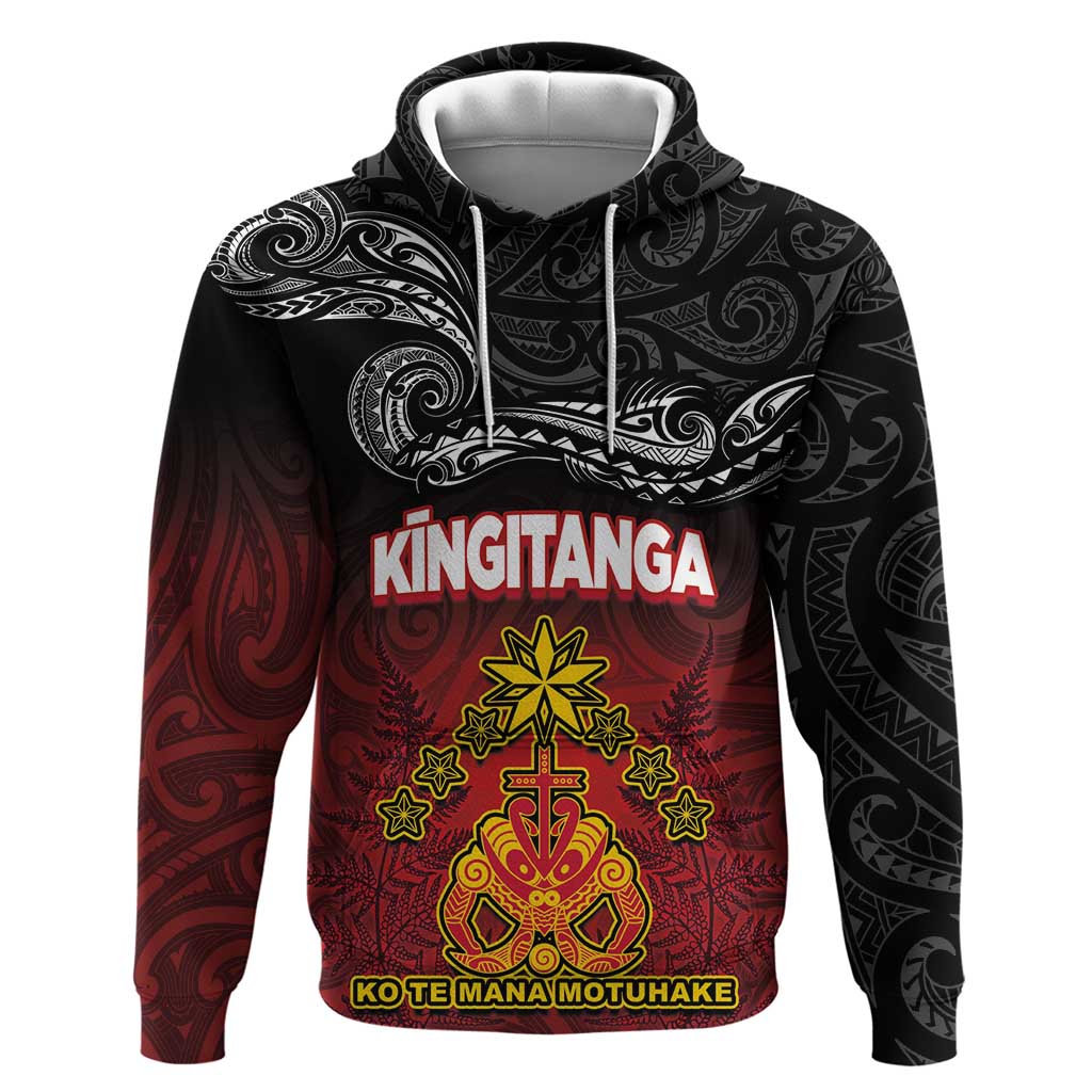 Personalised Maori King Movement Hoodie Ko Te Mana Motuhake Emblem with Silver Ferns and Polynesian Art Tattoo LT03 Pullover Hoodie Red - Polynesian Pride