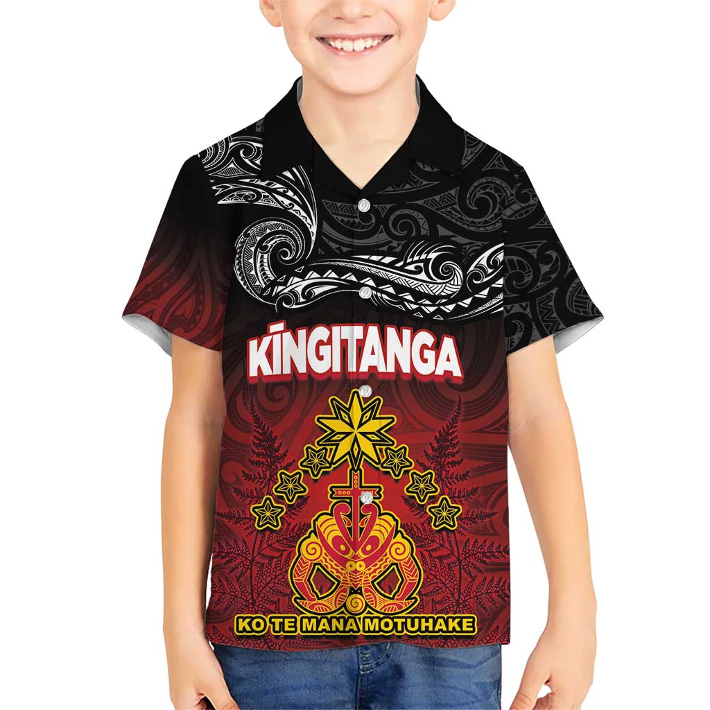 Personalised Maori King Movement Kid Hawaiian Shirt Ko Te Mana Motuhake Emblem with Silver Ferns and Polynesian Art Tattoo LT03 Kid Red - Polynesian Pride