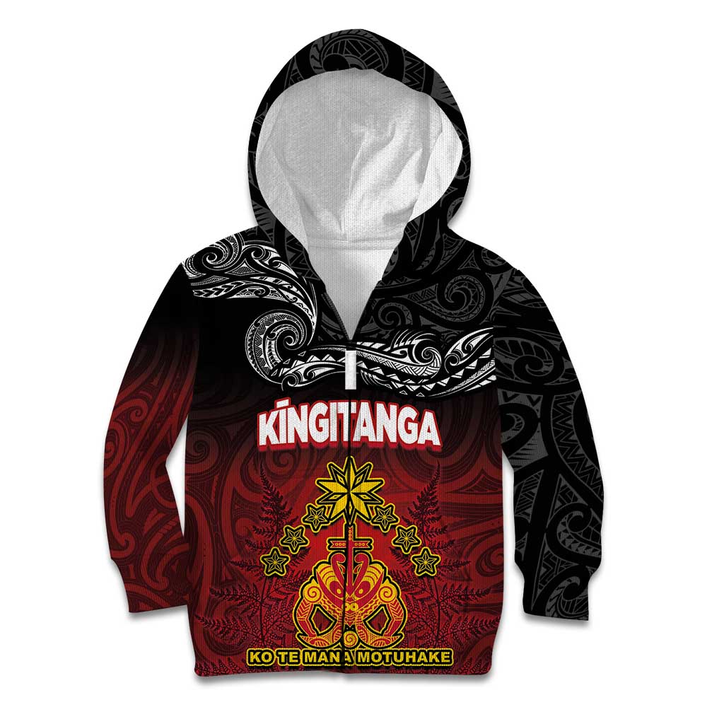 Personalised Maori King Movement Kid Hoodie Ko Te Mana Motuhake Emblem with Silver Ferns and Polynesian Art Tattoo LT03 Zip Hoodie Red - Polynesian Pride