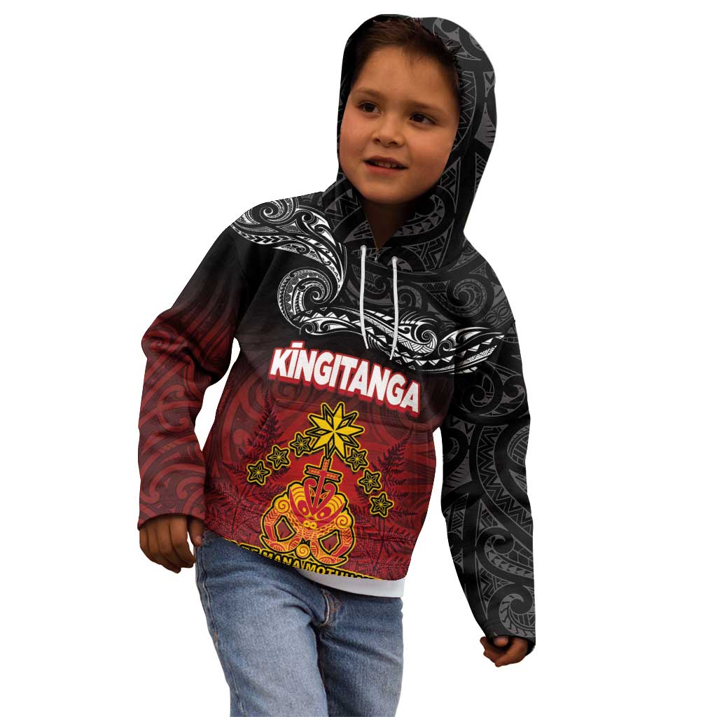 Personalised Maori King Movement Kid Hoodie Ko Te Mana Motuhake Emblem with Silver Ferns and Polynesian Art Tattoo LT03 - Polynesian Pride