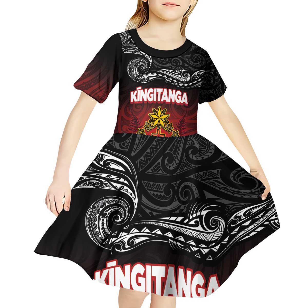 Personalised Maori King Movement Kid Short Sleeve Dress Ko Te Mana Motuhake Emblem with Silver Ferns and Polynesian Art Tattoo LT03 - Polynesian Pride