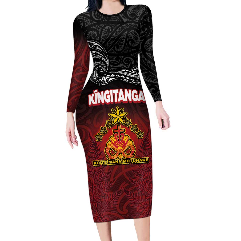 Personalised Maori King Movement Long Sleeve Bodycon Dress Ko Te Mana Motuhake Emblem with Silver Ferns and Polynesian Art Tattoo LT03 Long Dress Red - Polynesian Pride