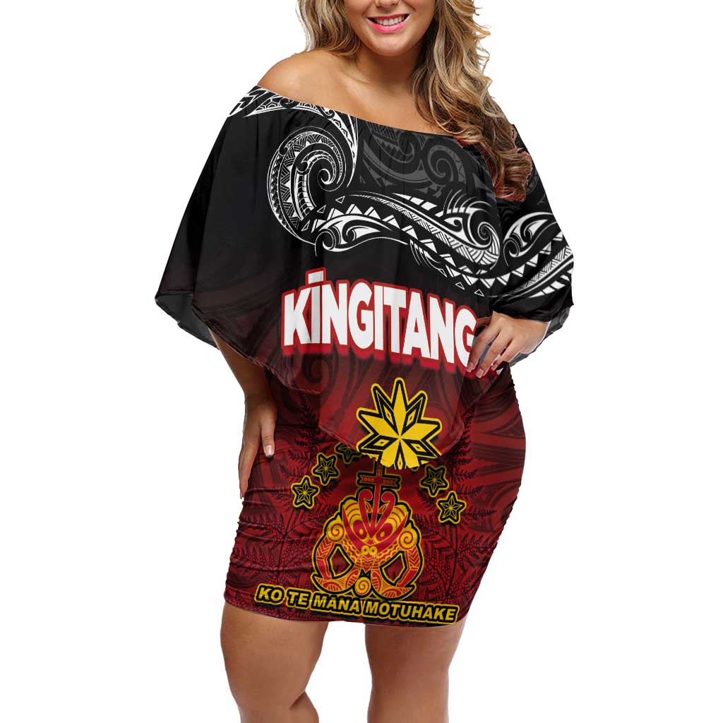 Personalised Maori King Movement Off Shoulder Short Dress Ko Te Mana Motuhake Emblem with Silver Ferns and Polynesian Art Tattoo LT03 Women Red - Polynesian Pride