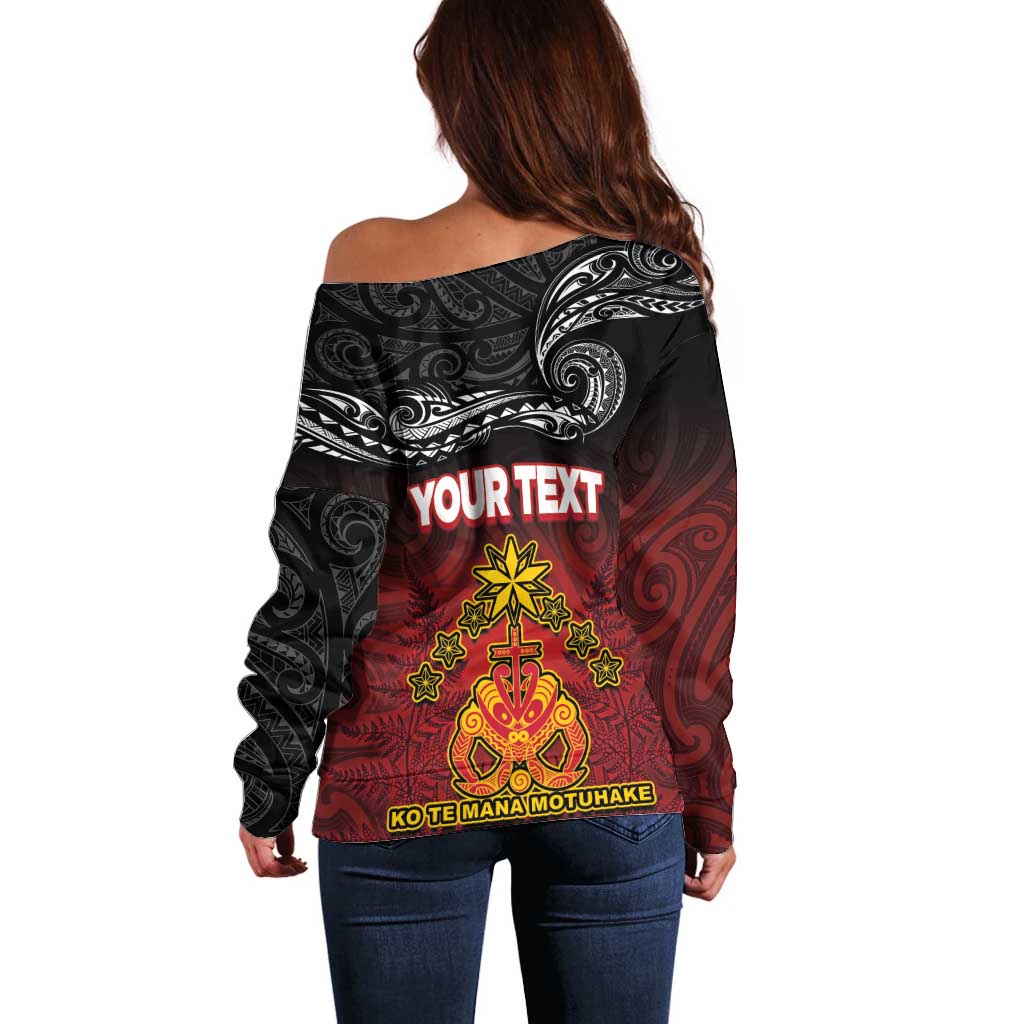 Personalised Maori King Movement Off Shoulder Sweater Ko Te Mana Motuhake Emblem with Silver Ferns and Polynesian Art Tattoo LT03 - Polynesian Pride