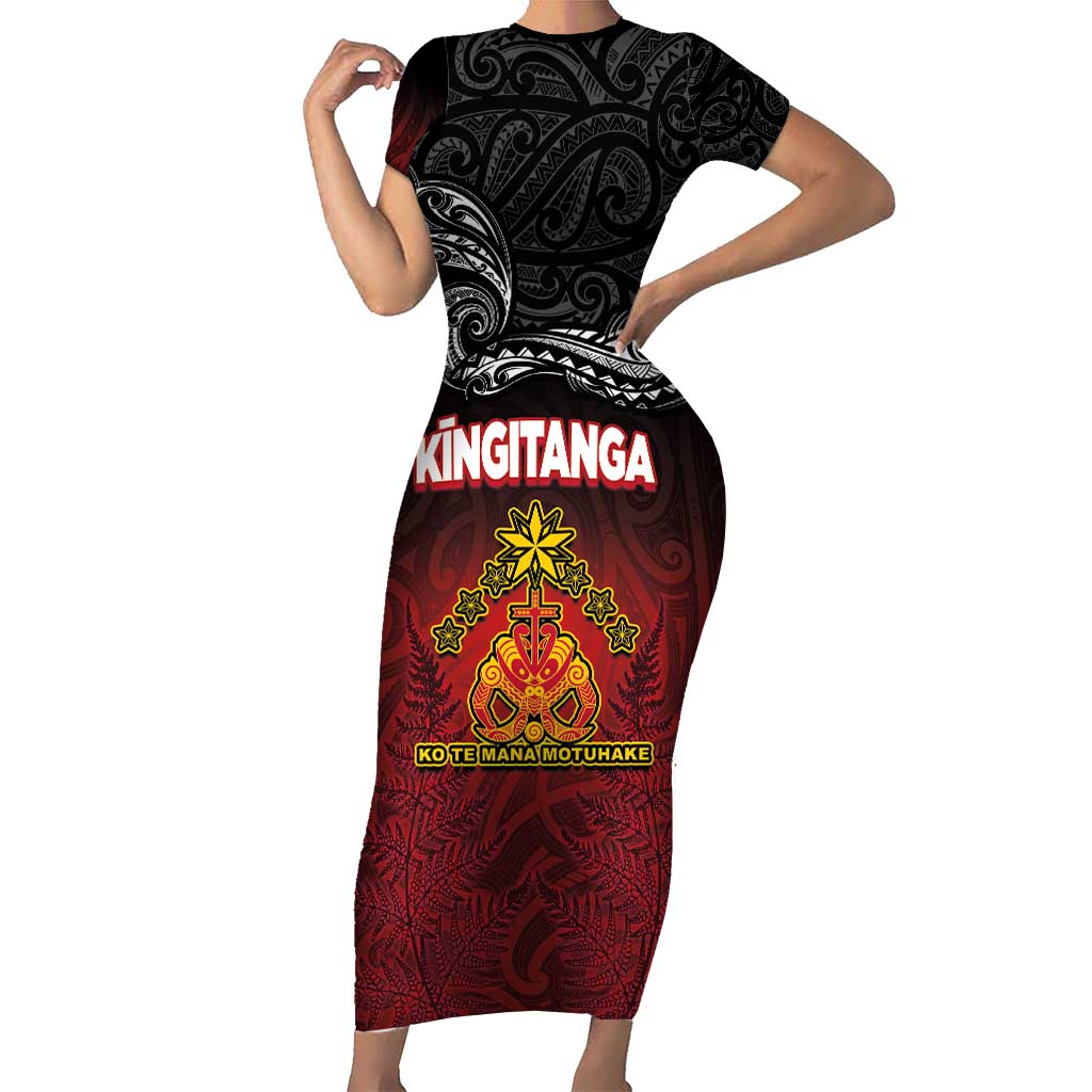 Personalised Maori King Movement Short Sleeve Bodycon Dress Ko Te Mana Motuhake Emblem with Silver Ferns and Polynesian Art Tattoo LT03 Long Dress Red - Polynesian Pride