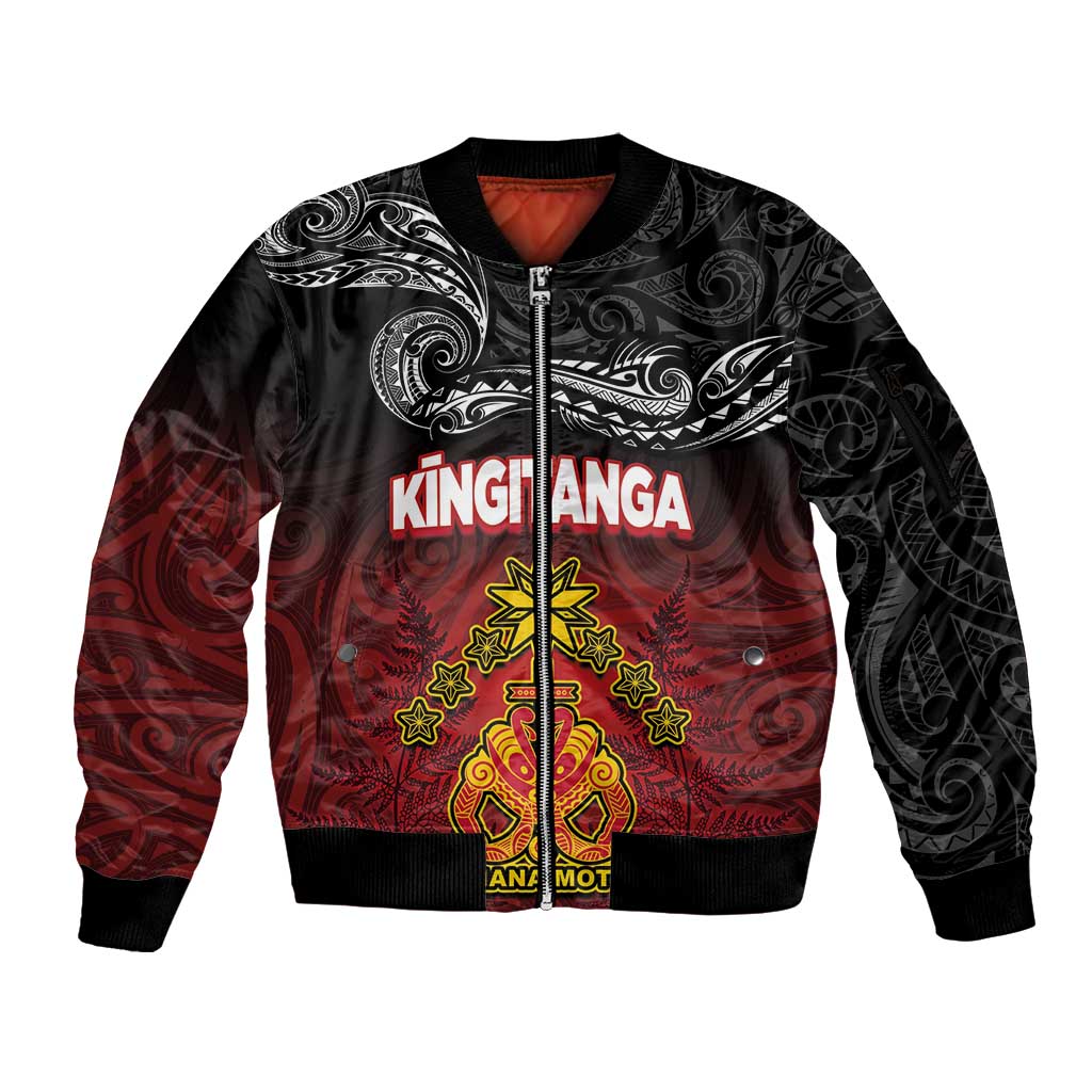 Personalised Maori King Movement Sleeve Zip Bomber Jacket Ko Te Mana Motuhake Emblem with Silver Ferns and Polynesian Art Tattoo LT03 Unisex Red - Polynesian Pride