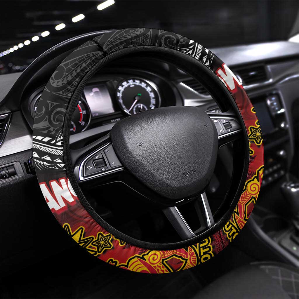 Maori King Movement Steering Wheel Cover Ko Te Mana Motuhake Emblem with Silver Ferns and Polynesian Art Tattoo LT03 Universal Fit Red - Polynesian Pride