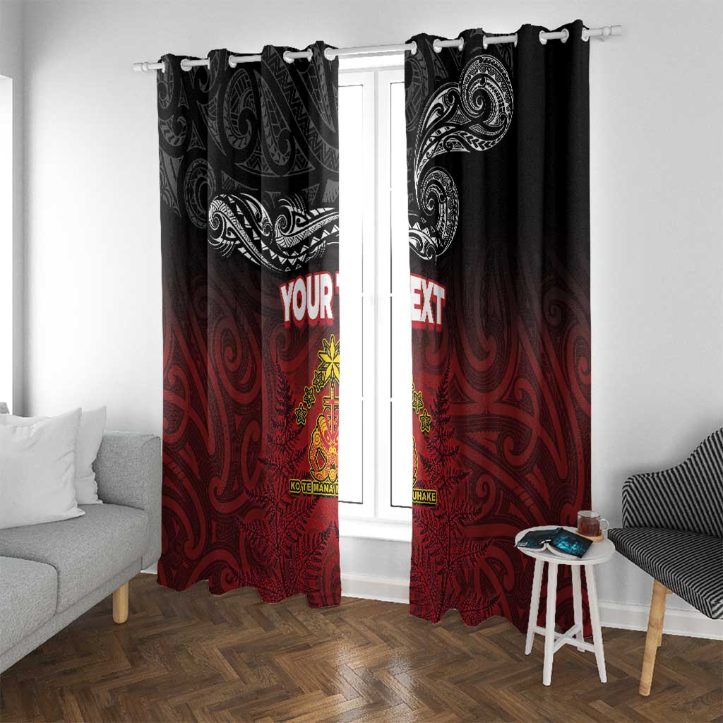 Personalised Maori King Movement Window Curtain Ko Te Mana Motuhake Emblem with Silver Ferns and Polynesian Art Tattoo LT03 With Grommets Red - Polynesian Pride