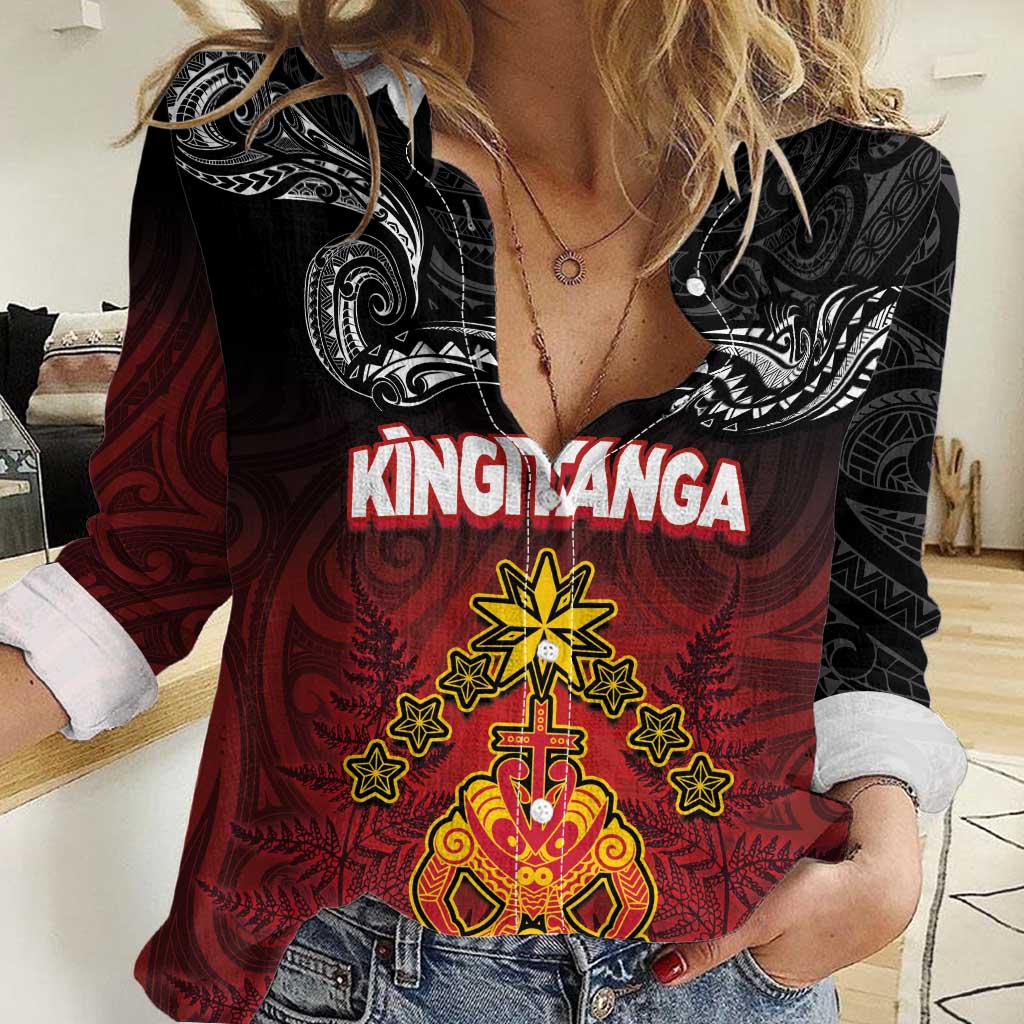 Personalised Maori King Movement Women Casual Shirt Ko Te Mana Motuhake Emblem with Silver Ferns and Polynesian Art Tattoo LT03 Female Red - Polynesian Pride