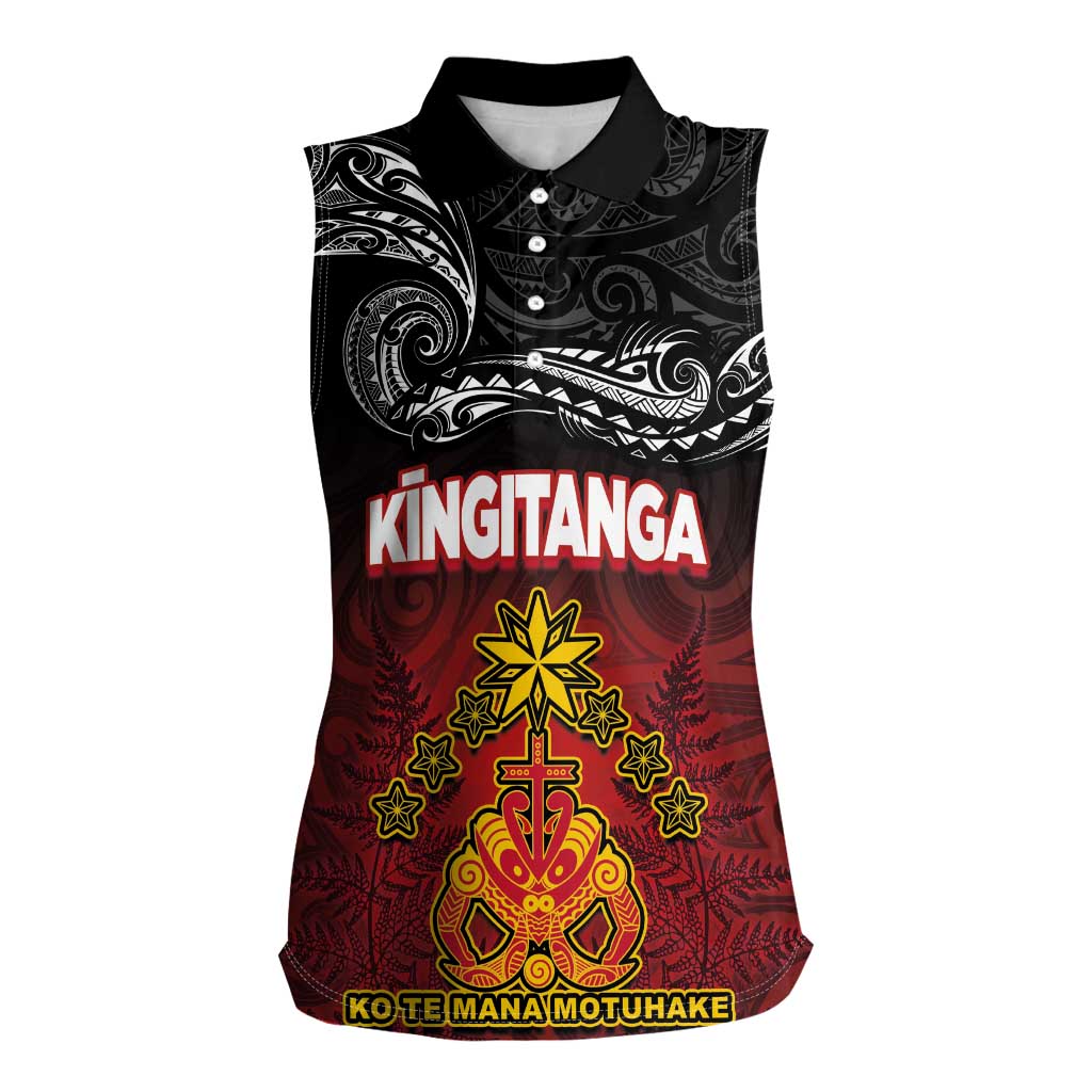 Personalised Maori King Movement Women Sleeveless Polo Shirt Ko Te Mana Motuhake Emblem with Silver Ferns and Polynesian Art Tattoo LT03 Female Red - Polynesian Pride