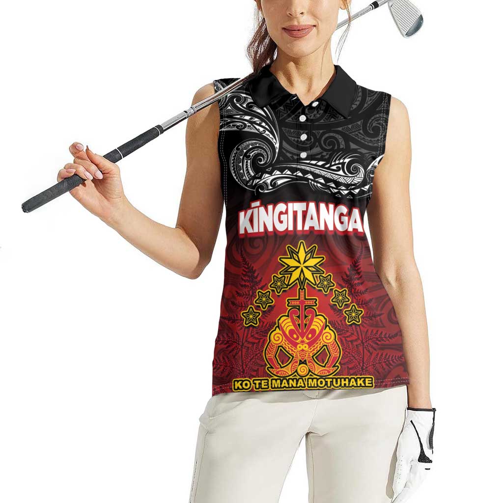 Personalised Maori King Movement Women Sleeveless Polo Shirt Ko Te Mana Motuhake Emblem with Silver Ferns and Polynesian Art Tattoo LT03 - Polynesian Pride