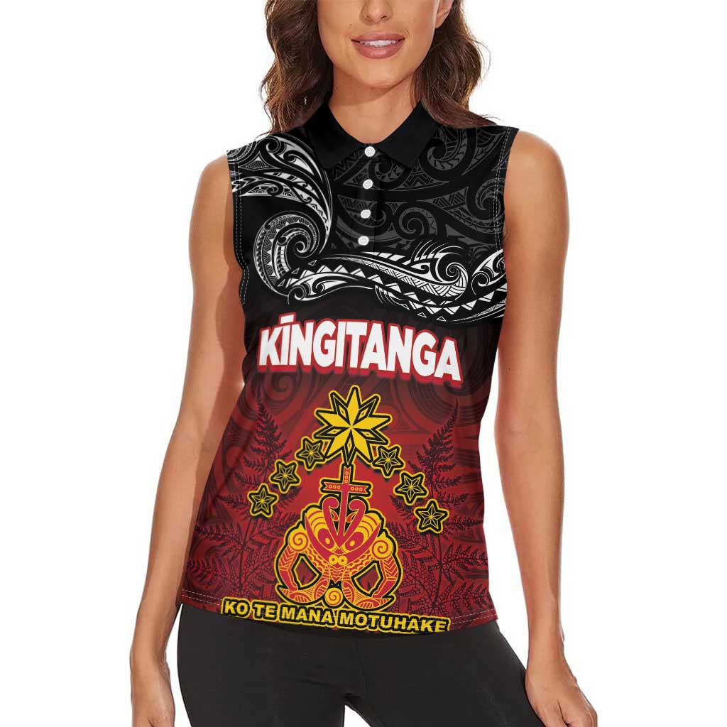Personalised Maori King Movement Women Sleeveless Polo Shirt Ko Te Mana Motuhake Emblem with Silver Ferns and Polynesian Art Tattoo LT03 - Polynesian Pride