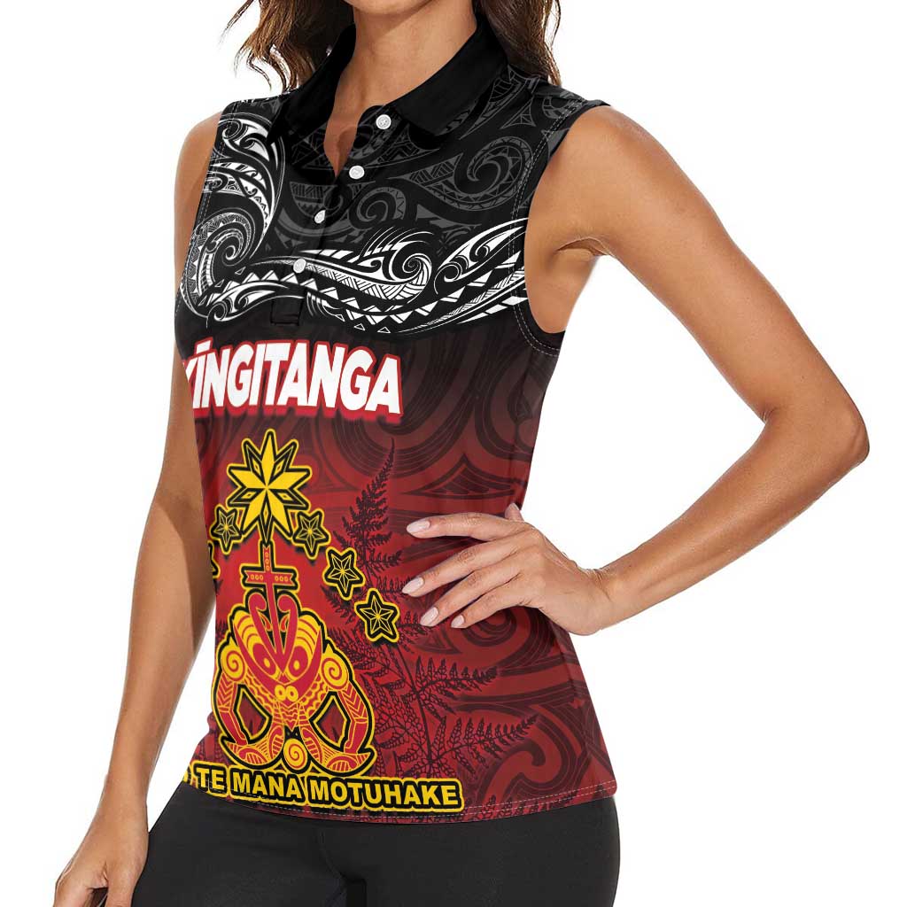 Personalised Maori King Movement Women Sleeveless Polo Shirt Ko Te Mana Motuhake Emblem with Silver Ferns and Polynesian Art Tattoo LT03 - Polynesian Pride