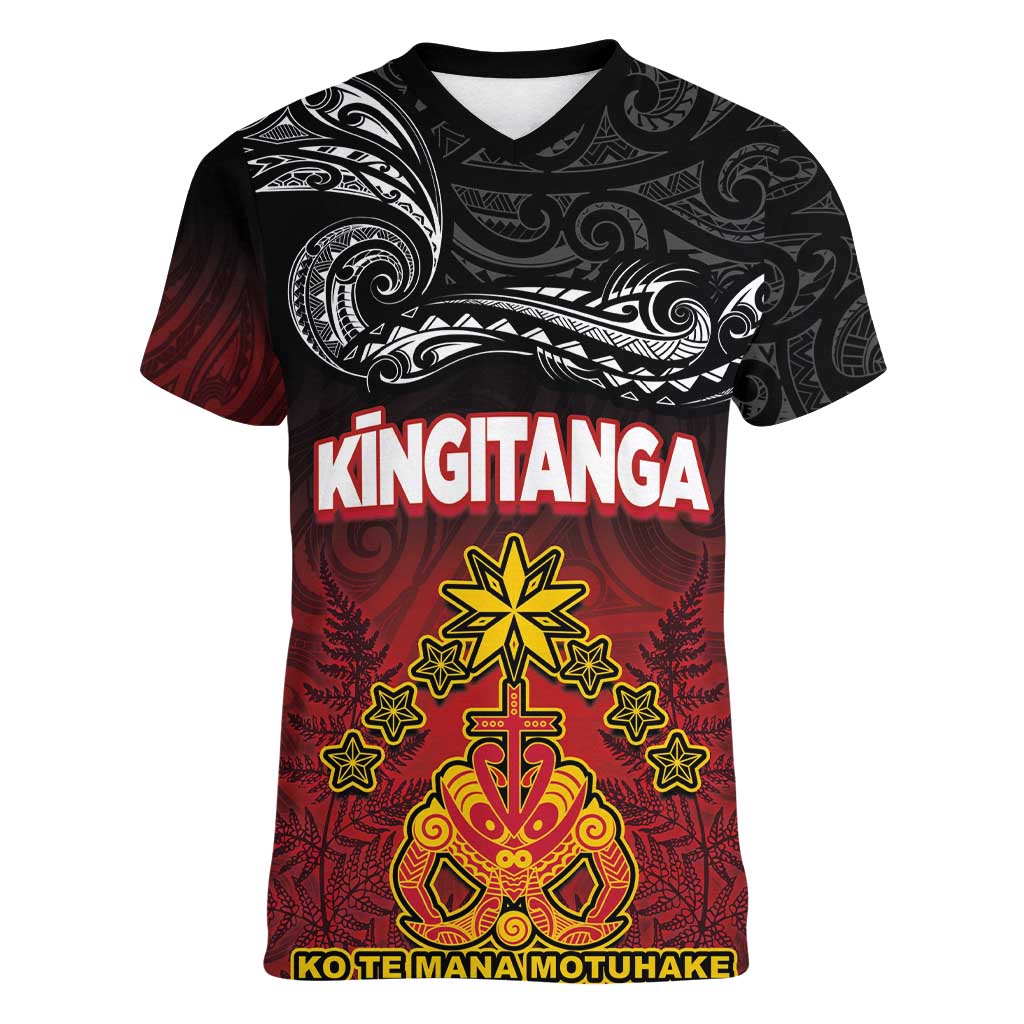 Personalised Maori King Movement Women V-Neck T-Shirt Ko Te Mana Motuhake Emblem with Silver Ferns and Polynesian Art Tattoo LT03 Female Red - Polynesian Pride