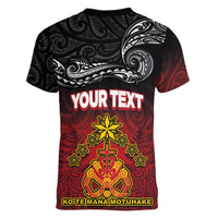 Personalised Maori King Movement Women V-Neck T-Shirt Ko Te Mana Motuhake Emblem with Silver Ferns and Polynesian Art Tattoo LT03 - Polynesian Pride