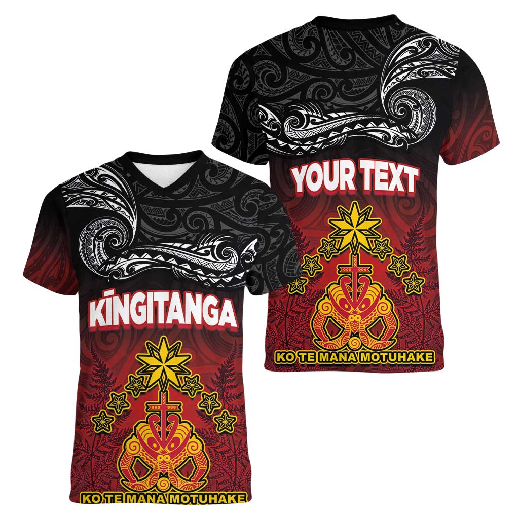 Personalised Maori King Movement Women V-Neck T-Shirt Ko Te Mana Motuhake Emblem with Silver Ferns and Polynesian Art Tattoo LT03 - Polynesian Pride
