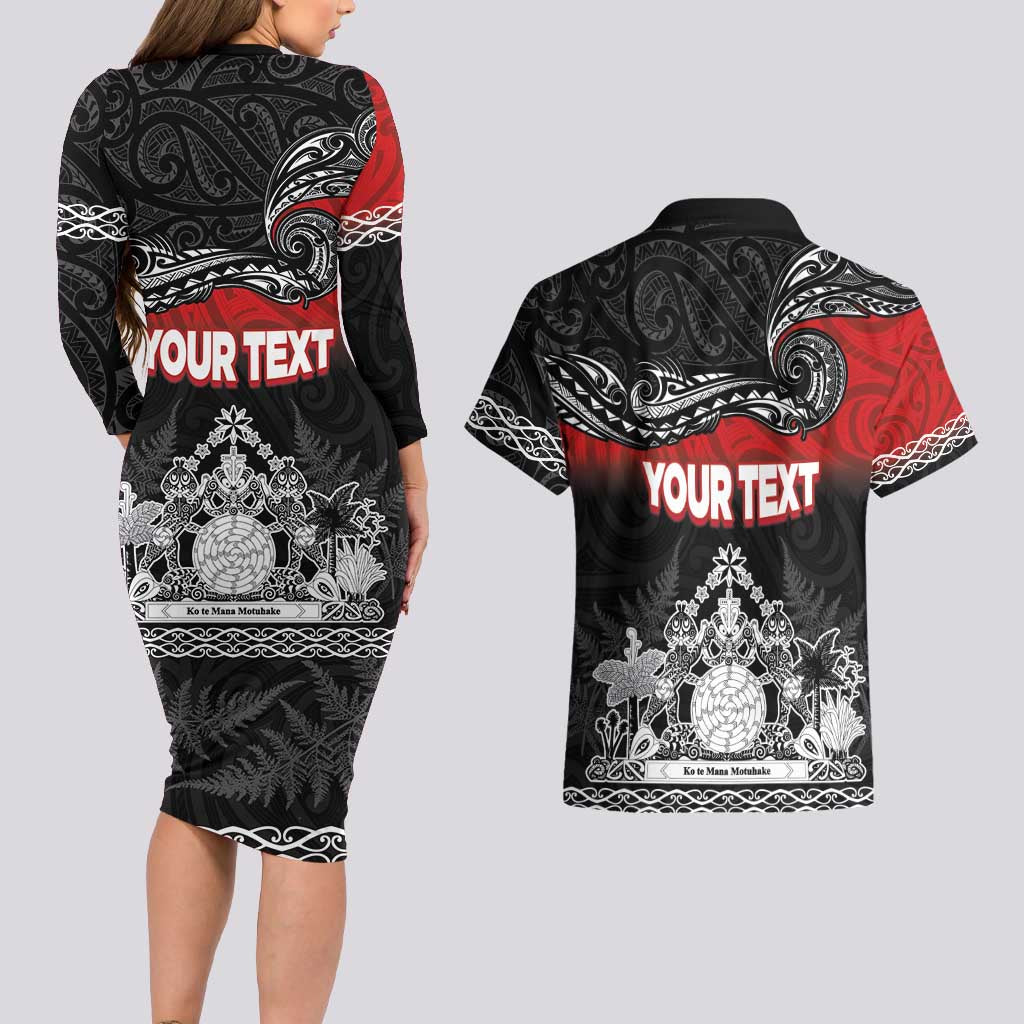 Personalised Maori King Movement Couples Matching Long Sleeve Bodycon Dress and Hawaiian Shirt Te Paki-o-Matariki with Silver Ferns and Polynesian Art Tattoo LT03 - Polynesian Pride