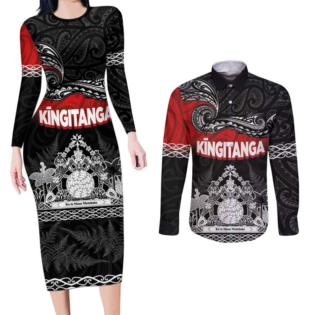 Personalised Maori King Movement Couples Matching Long Sleeve Bodycon Dress and Long Sleeve Button Shirt Te Paki-o-Matariki with Silver Ferns and Polynesian Art Tattoo LT03 Red - Polynesian Pride