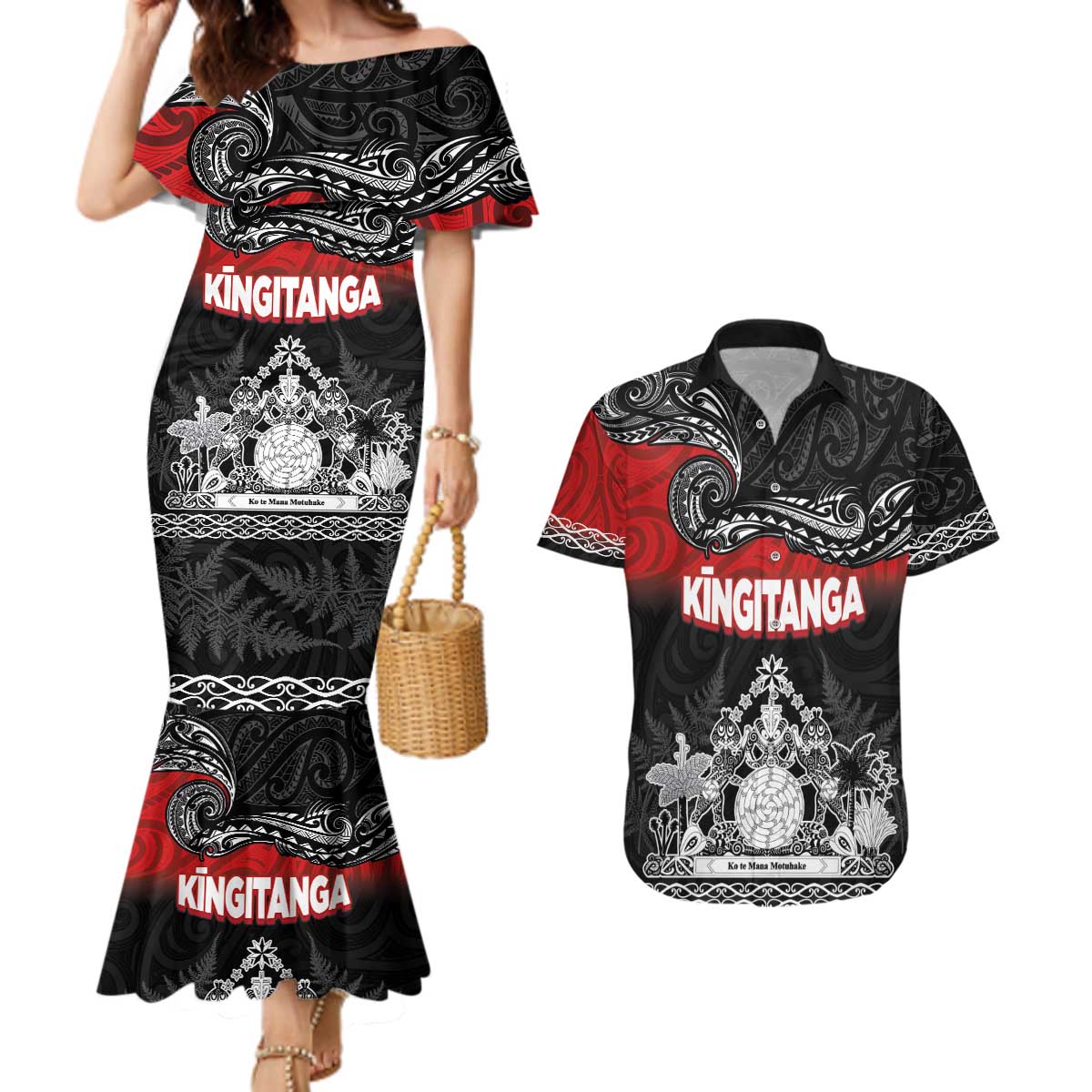 Personalised Maori King Movement Couples Matching Mermaid Dress and Hawaiian Shirt Te Paki-o-Matariki with Silver Ferns and Polynesian Art Tattoo LT03 Red - Polynesian Pride
