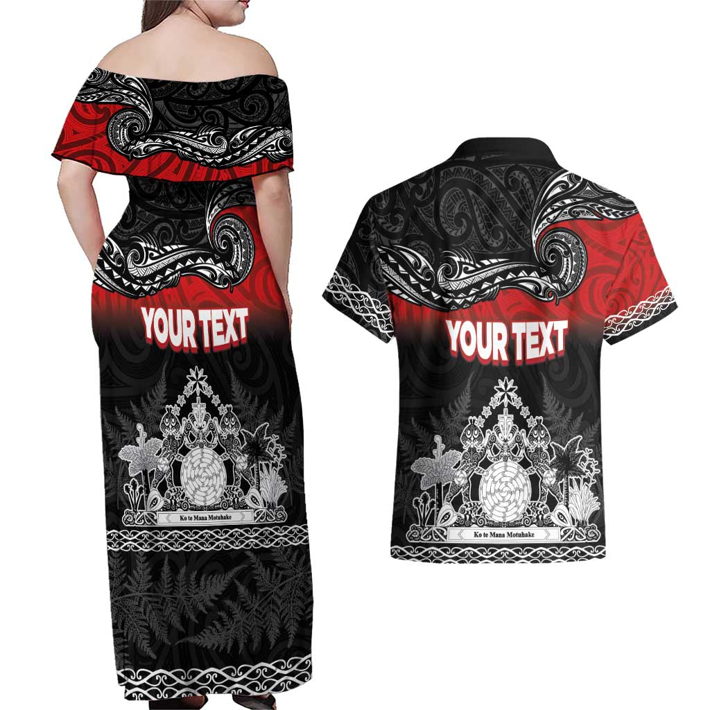 Personalised Maori King Movement Couples Matching Off Shoulder Maxi Dress and Hawaiian Shirt Te Paki-o-Matariki with Silver Ferns and Polynesian Art Tattoo LT03 - Polynesian Pride