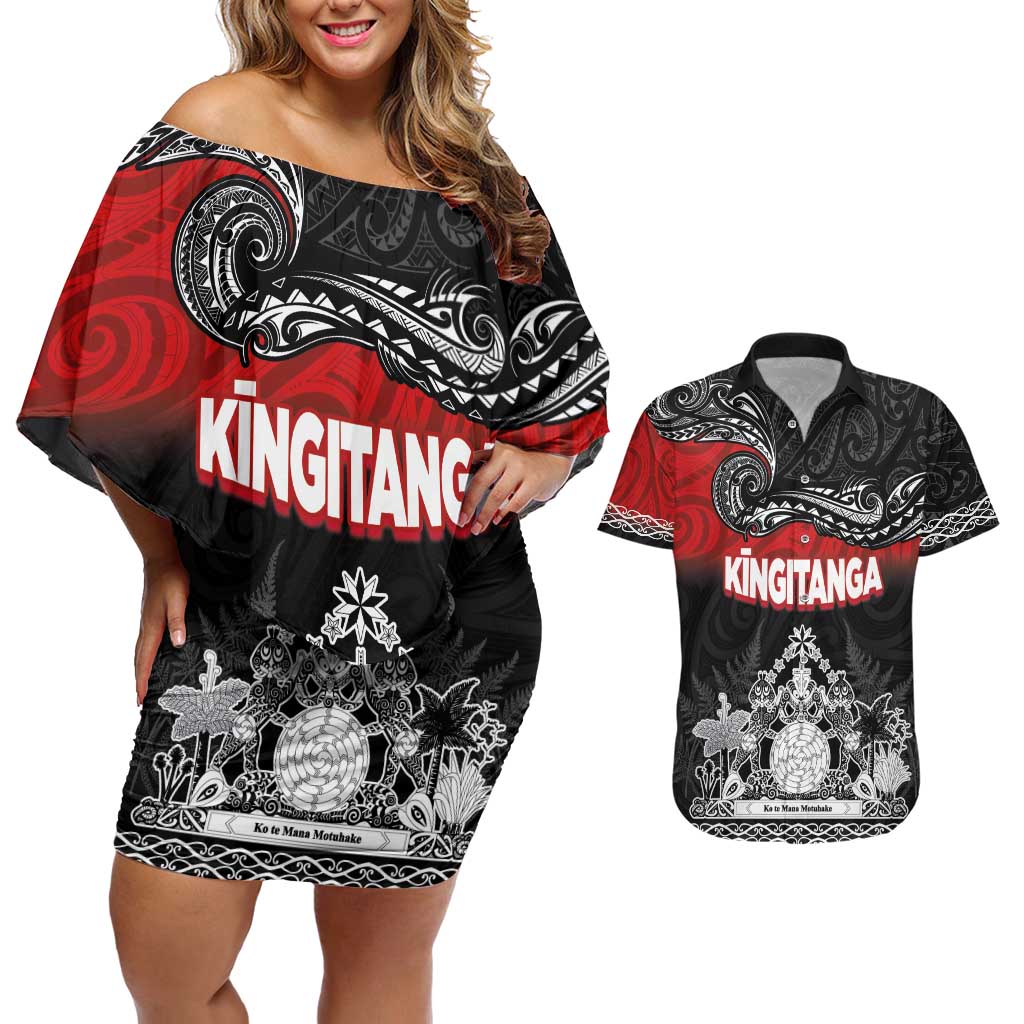 Personalised Maori King Movement Couples Matching Off Shoulder Short Dress and Hawaiian Shirt Te Paki-o-Matariki with Silver Ferns and Polynesian Art Tattoo LT03 Red - Polynesian Pride