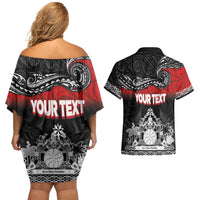 Personalised Maori King Movement Couples Matching Off Shoulder Short Dress and Hawaiian Shirt Te Paki-o-Matariki with Silver Ferns and Polynesian Art Tattoo LT03 - Polynesian Pride
