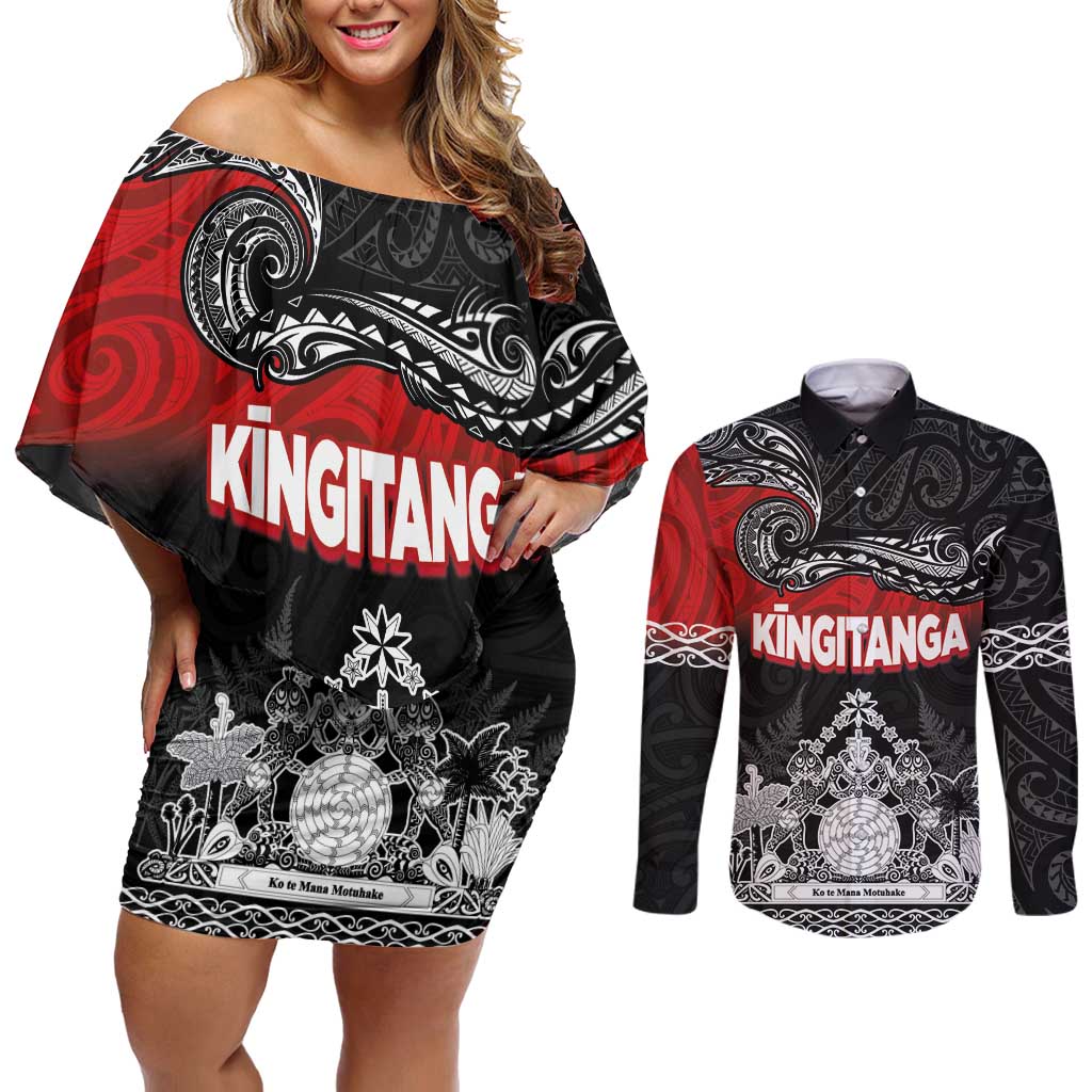Personalised Maori King Movement Couples Matching Off Shoulder Short Dress and Long Sleeve Button Shirt Te Paki-o-Matariki with Silver Ferns and Polynesian Art Tattoo LT03 Red - Polynesian Pride
