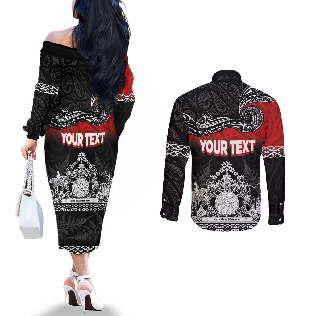 Personalised Maori King Movement Couples Matching Off The Shoulder Long Sleeve Dress and Long Sleeve Button Shirt Te Paki-o-Matariki with Silver Ferns and Polynesian Art Tattoo LT03 - Polynesian Pride
