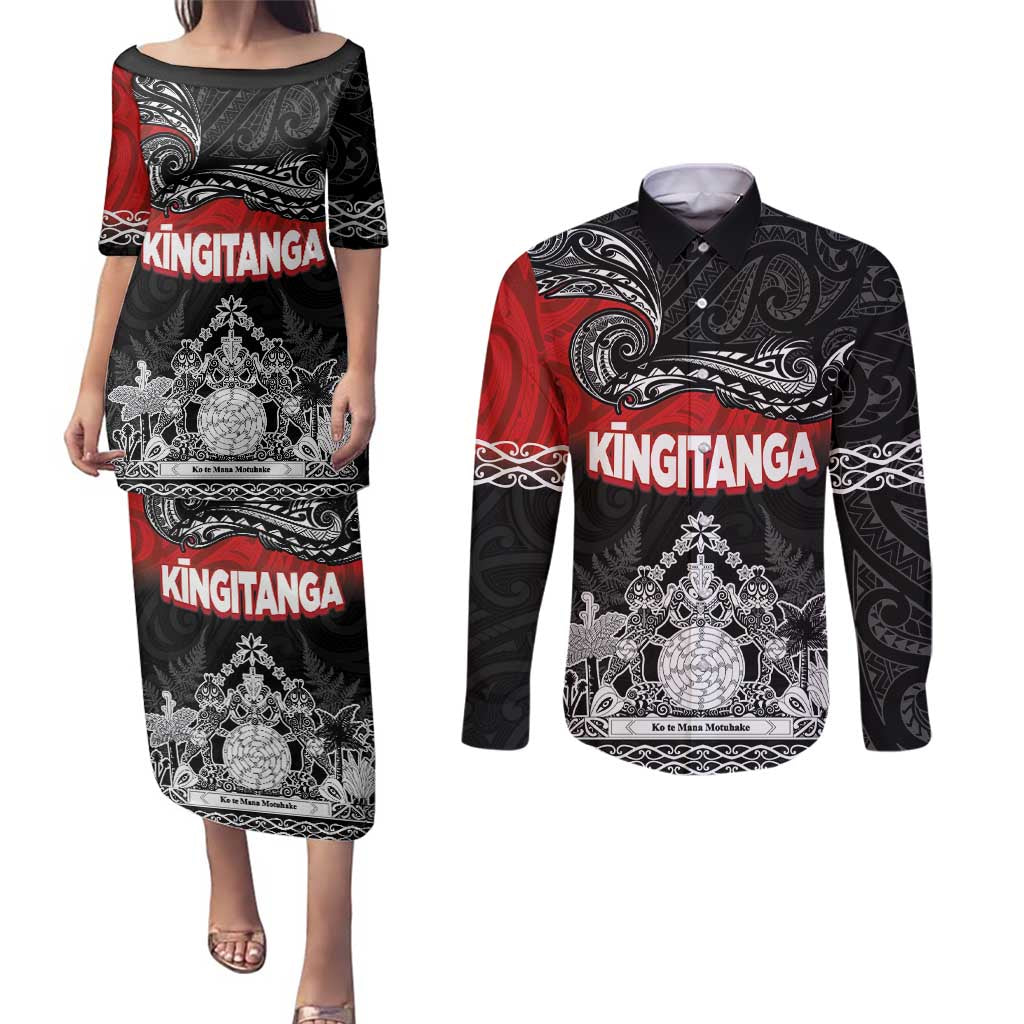 Personalised Maori King Movement Couples Matching Puletasi and Long Sleeve Button Shirt Te Paki-o-Matariki with Silver Ferns and Polynesian Art Tattoo LT03 Red - Polynesian Pride