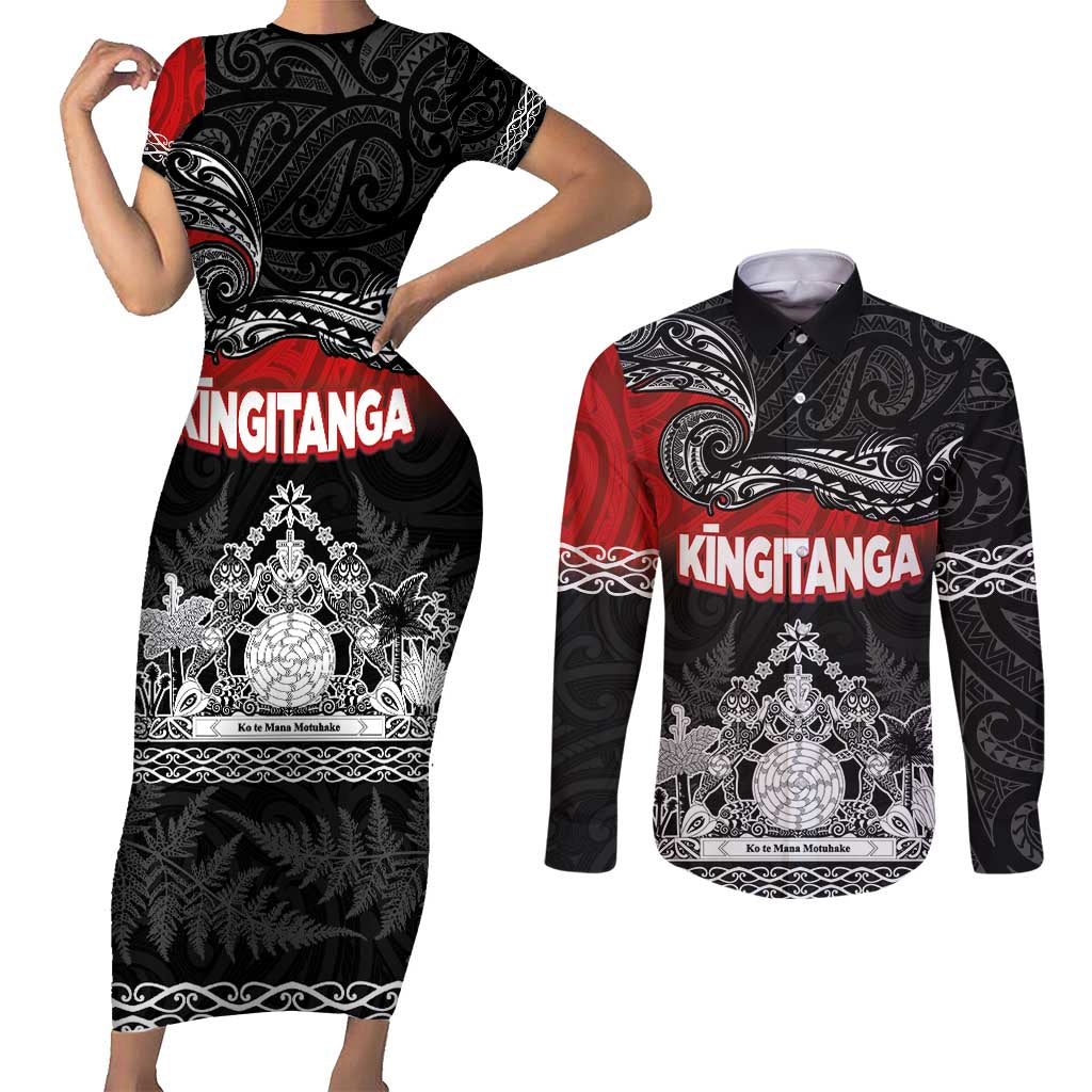 Personalised Maori King Movement Couples Matching Short Sleeve Bodycon Dress and Long Sleeve Button Shirt Te Paki-o-Matariki with Silver Ferns and Polynesian Art Tattoo LT03 Red - Polynesian Pride