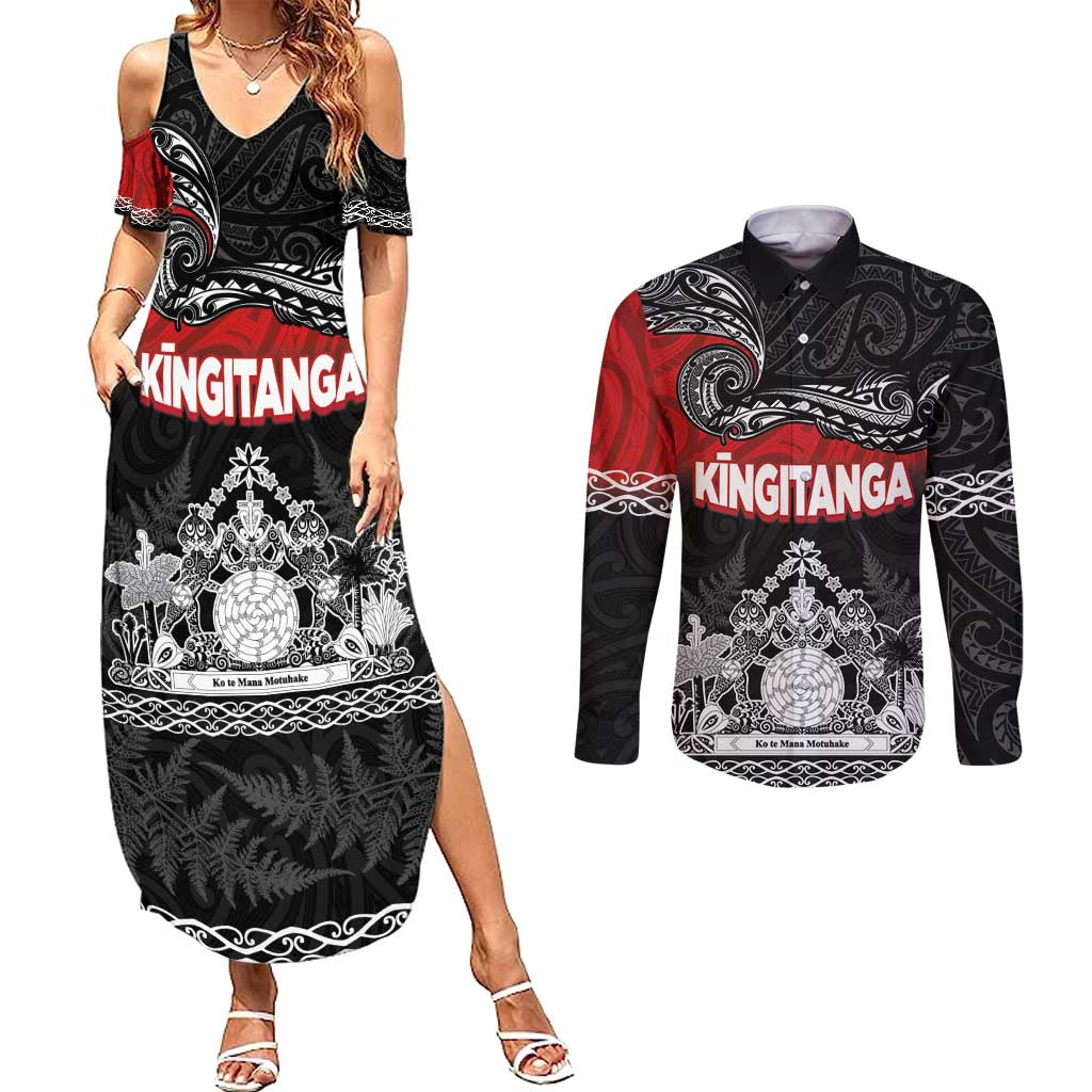 Personalised Maori King Movement Couples Matching Summer Maxi Dress and Long Sleeve Button Shirt Te Paki-o-Matariki with Silver Ferns and Polynesian Art Tattoo LT03 Red - Polynesian Pride