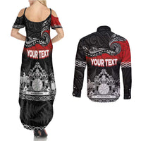 Personalised Maori King Movement Couples Matching Summer Maxi Dress and Long Sleeve Button Shirt Te Paki-o-Matariki with Silver Ferns and Polynesian Art Tattoo LT03 - Polynesian Pride