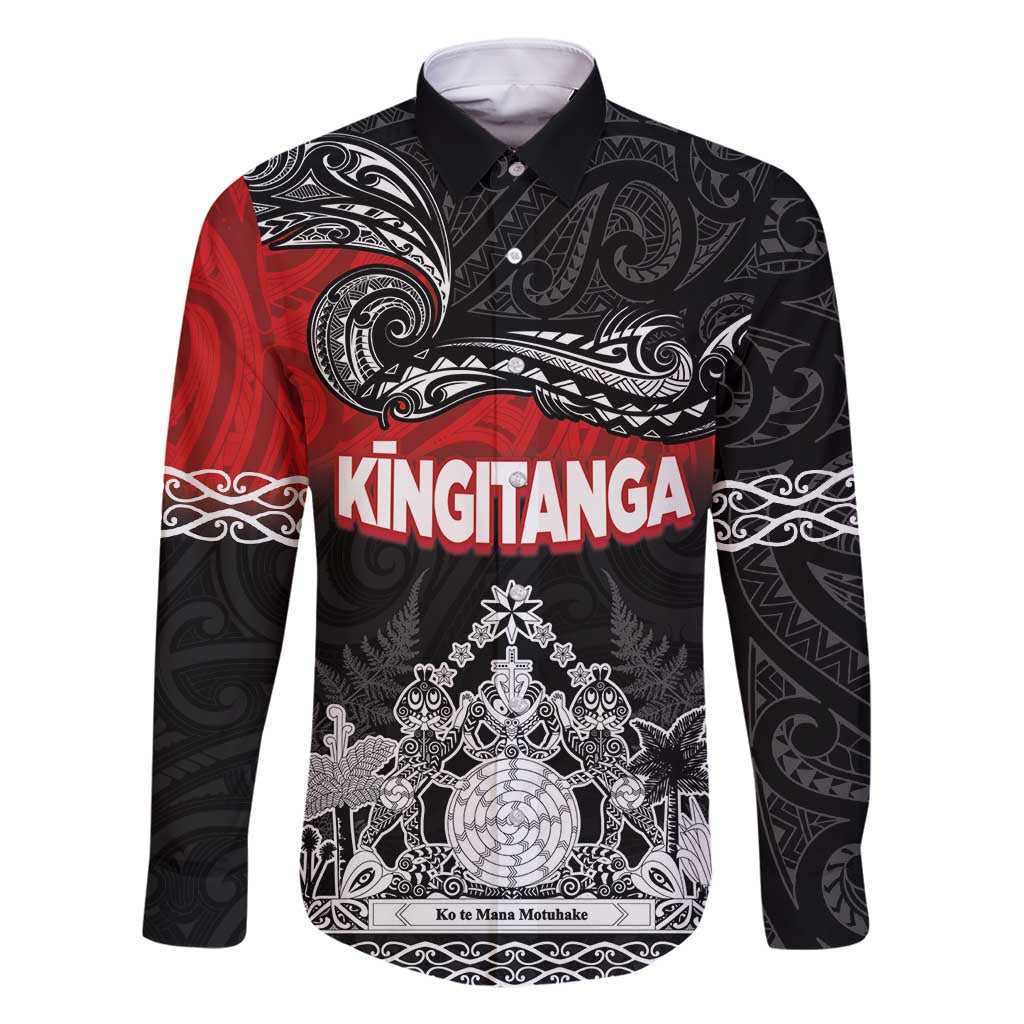 Personalised Maori King Movement Family Matching Long Sleeve Bodycon Dress and Hawaiian Shirt Te Paki-o-Matariki with Silver Ferns and Polynesian Art Tattoo LT03 Dad's Shirt - Long Sleeve Red - Polynesian Pride